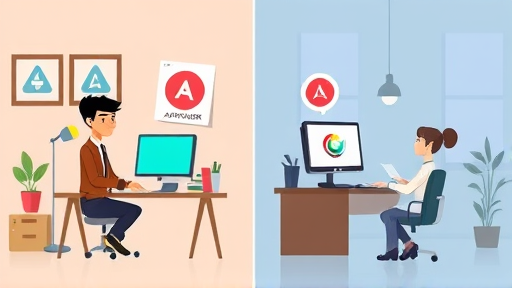 cartoon style infographic comparing classic logo design process with AI-. smart computer generating logos, vibrant, text-free