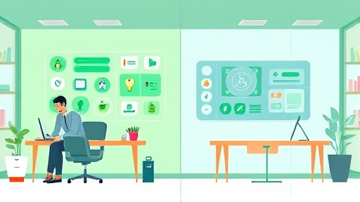 cartoon-style split-screen illustration comparing two AI chatbot interfaces, one with premium icons and advanced features, the other simple and minimalist, green and blue color theme, no text