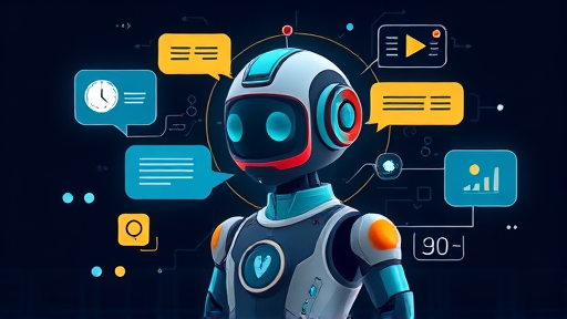 illustration of a futuristic chatbot with AI elements, flowing data lines and message bubbles, high-