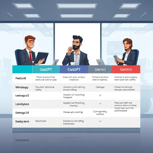 comparison chart illustration of GapGPT, ChatGPT, and Gemini, showing features and ease of access, cartoon style, technology color palette, no text