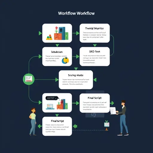 clean animated workflow diagram showing the steps: ideation, trend scan, scoring matrix, SEO title and hook, thumbnail concepts, final script; dark background with green accents;