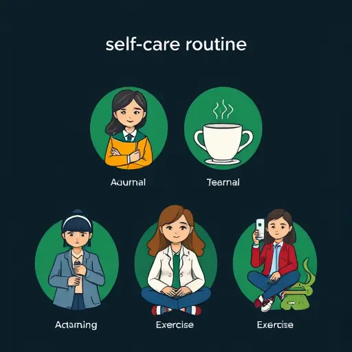 illustrated self-care routine icons (journal, tea cup, phone call, breathing exercise)#171717 with green highlights #94d3a2