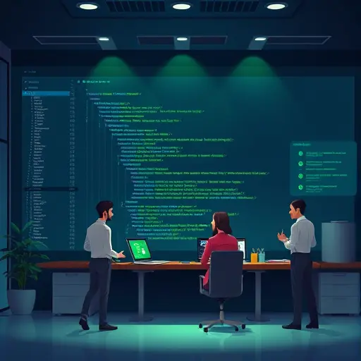 abstract code editor with AI hints, dark theme UI, glowing green accents, friendly assistant icons guiding debugging and refactoring steps, clean vector illustration, text-free