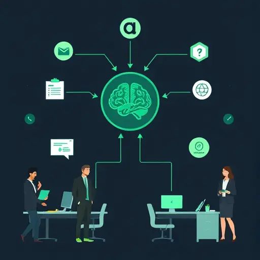 abstract illustration of logic syllogism flowchart connected to AI brain icon, minimal geometric shapes, dark background, accent green palette, no text