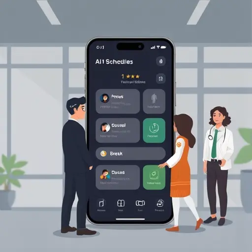 cartoon style illustration of a smartphone showing AI schedule blocks, icons for focus, break, and tasks, dark UI with green accents, minimalist, text-free