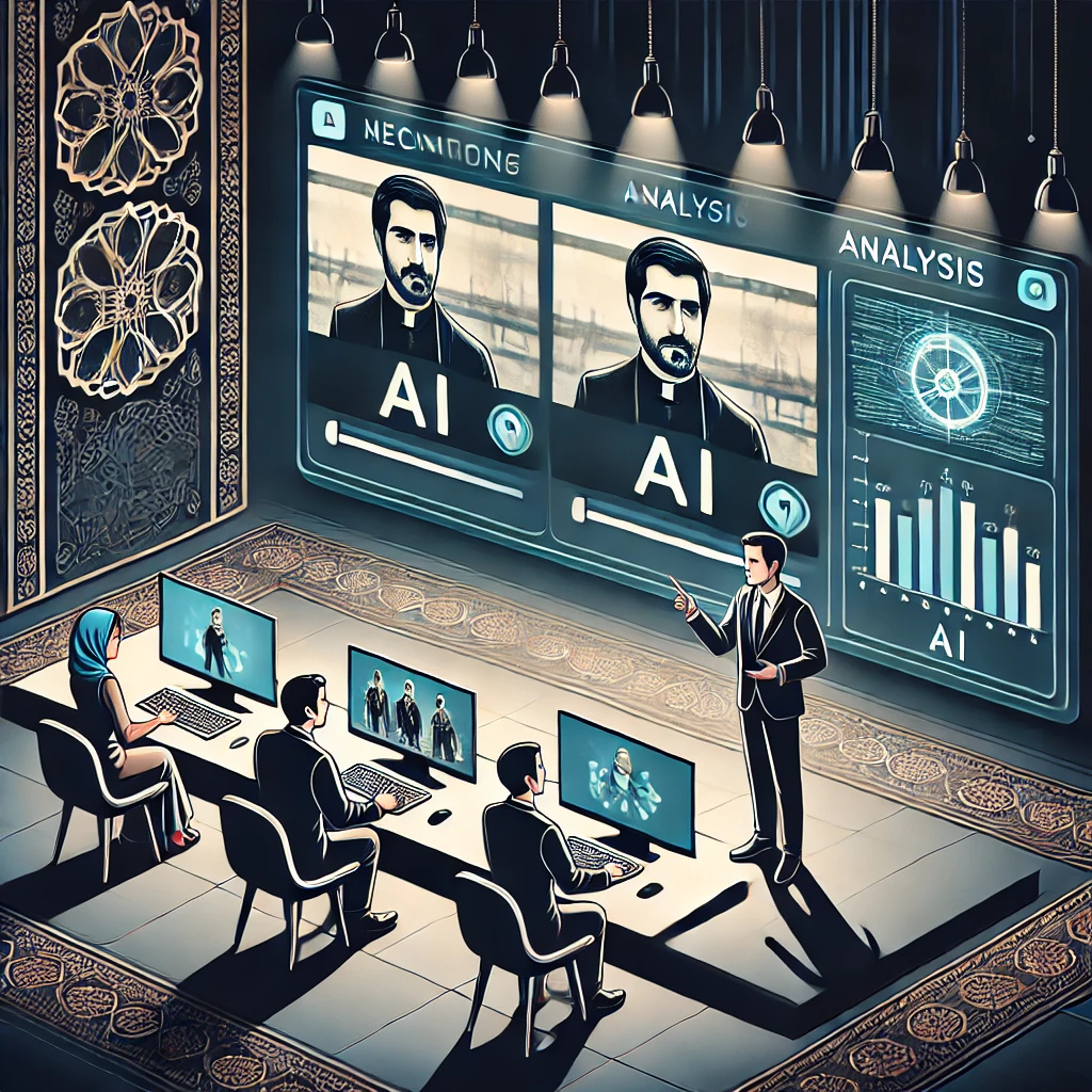 cartoon style illustration of a critic analyzing a film scene with AI icons, side-by-