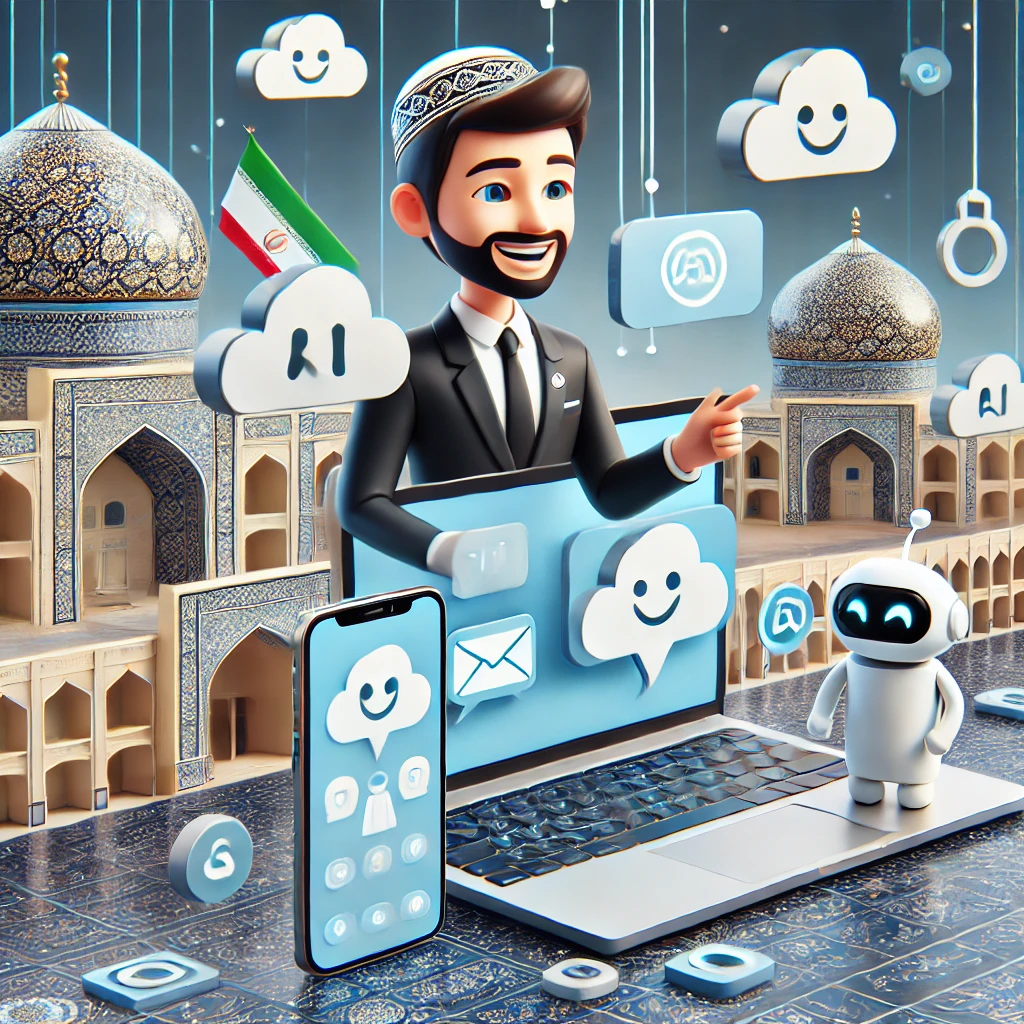 cartoon animated scene showing an Iranian user accessing AI chatbots from different devices (laptop, mobile, tablet) with abstract cloud and lock symbols to represent easy access and security, text-free