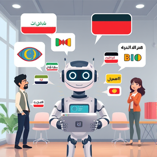 educational scene with animated AI chatbot speaking multiple languages, digital flashcards and speech bubbles, colorful language learning background, technology-focused, text-free