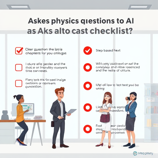 cartoon style infographic showing checklist for asking physics questions to AI, with animated icons for clear question, step-based request, formula, and multi-model options, text-free