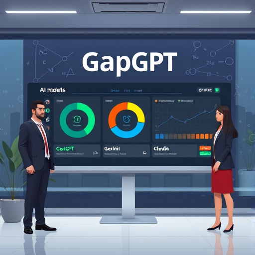 (ChatGPT, Gemini, Claude) on a digital dashboard, physics equations in background, no text