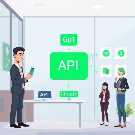 's app on the left, GapGPT API gateway in the middle, and icons for GPT, Claude, Gemini on the right; cartoon style, clean tech look, green accents, no text