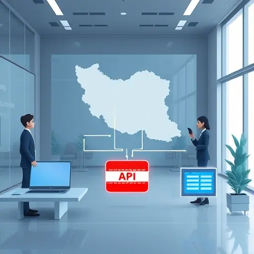 modern API architecture diagram illustration, animated data flow visualization between Iran map and a local AI server representing GapGPT API, clear animation, cinematic tech style, text-free