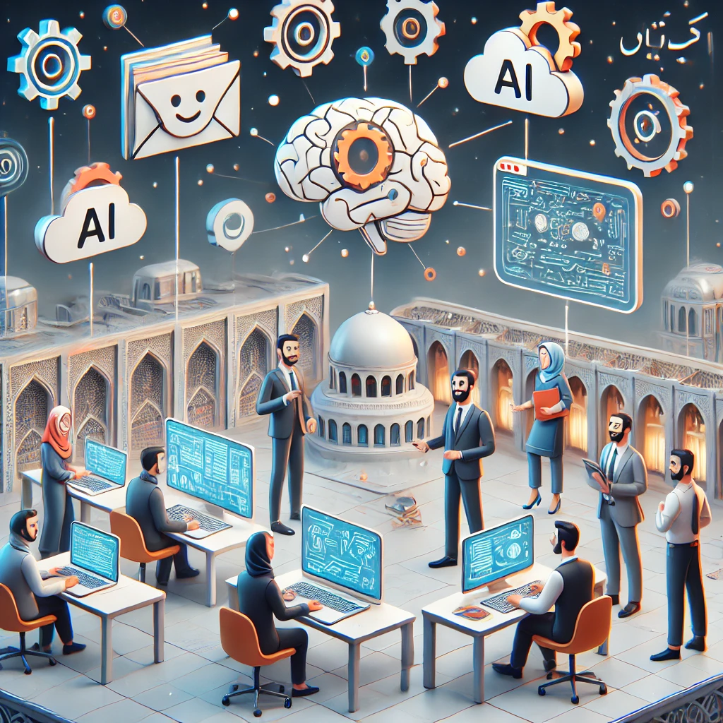 detailed infographic showing the benefits of AI-based platforms for homework solving, cartoon tech icons, Iranian digital motifs, no text
