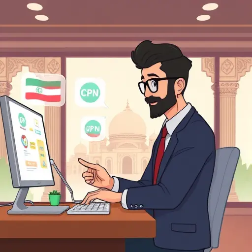 cartoon style illustration showing an Iranian user easily accessing various AI chat models (ChatGPT, Claude, Gemini)
