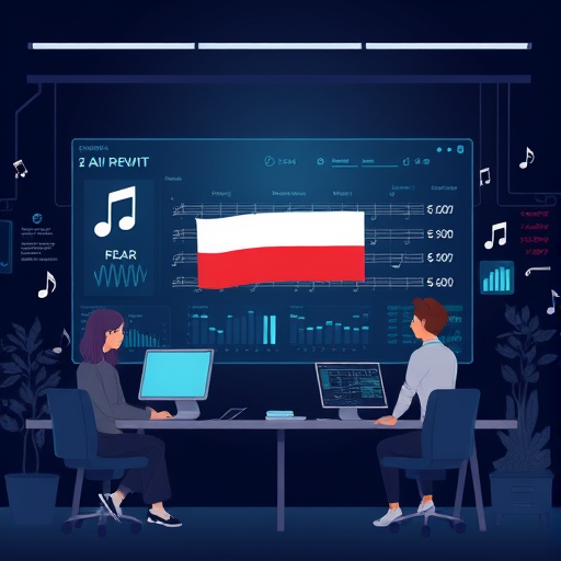 illustration of AI analyzing musical rhythm patterns on a digital interface, animated style, music symbols, dark theme, no text