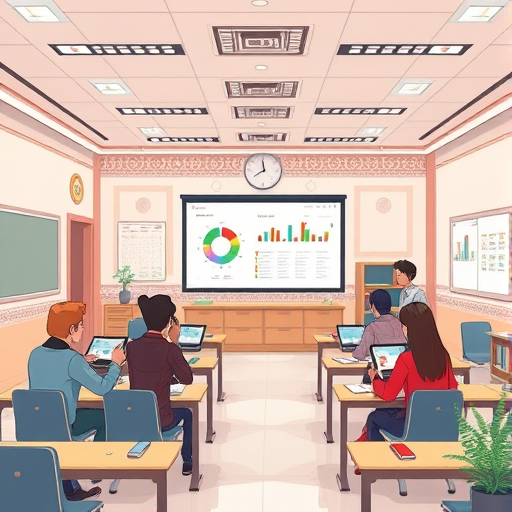 modern classroom illustration with Iranian architecture motifs, AI-