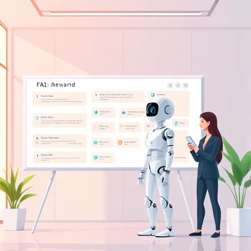animated FAQ board for free AI logo design, tech-enabled support, Iranian chatbot character, vibrant design, text-free