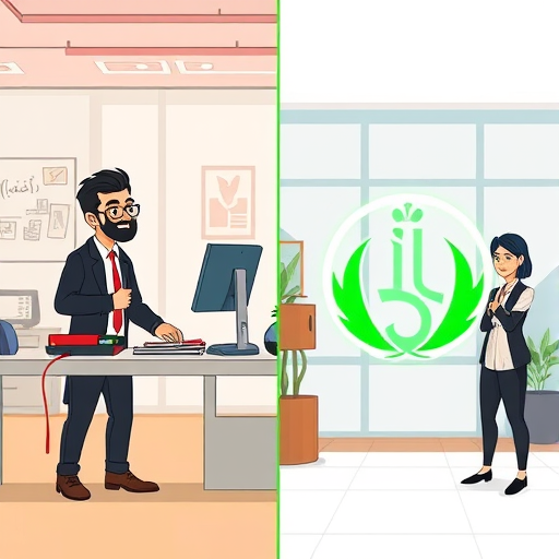 cartoon-style side-by-side comparison, left shows traditional logo design with sketches and pencils, right shows AI-powered digital logo creation, neon green accents, no text