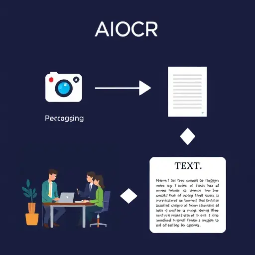 illustration of AI OCR pipeline: camera icon capturing a document, arrows to preprocessing (crop, denoise)