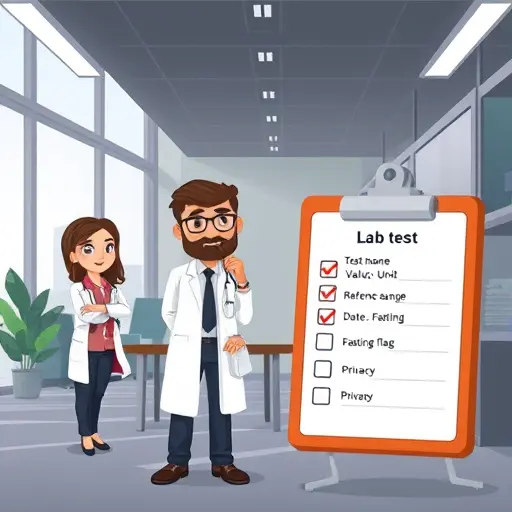cartoon style checklist and clipboard showing structured lab test fields: