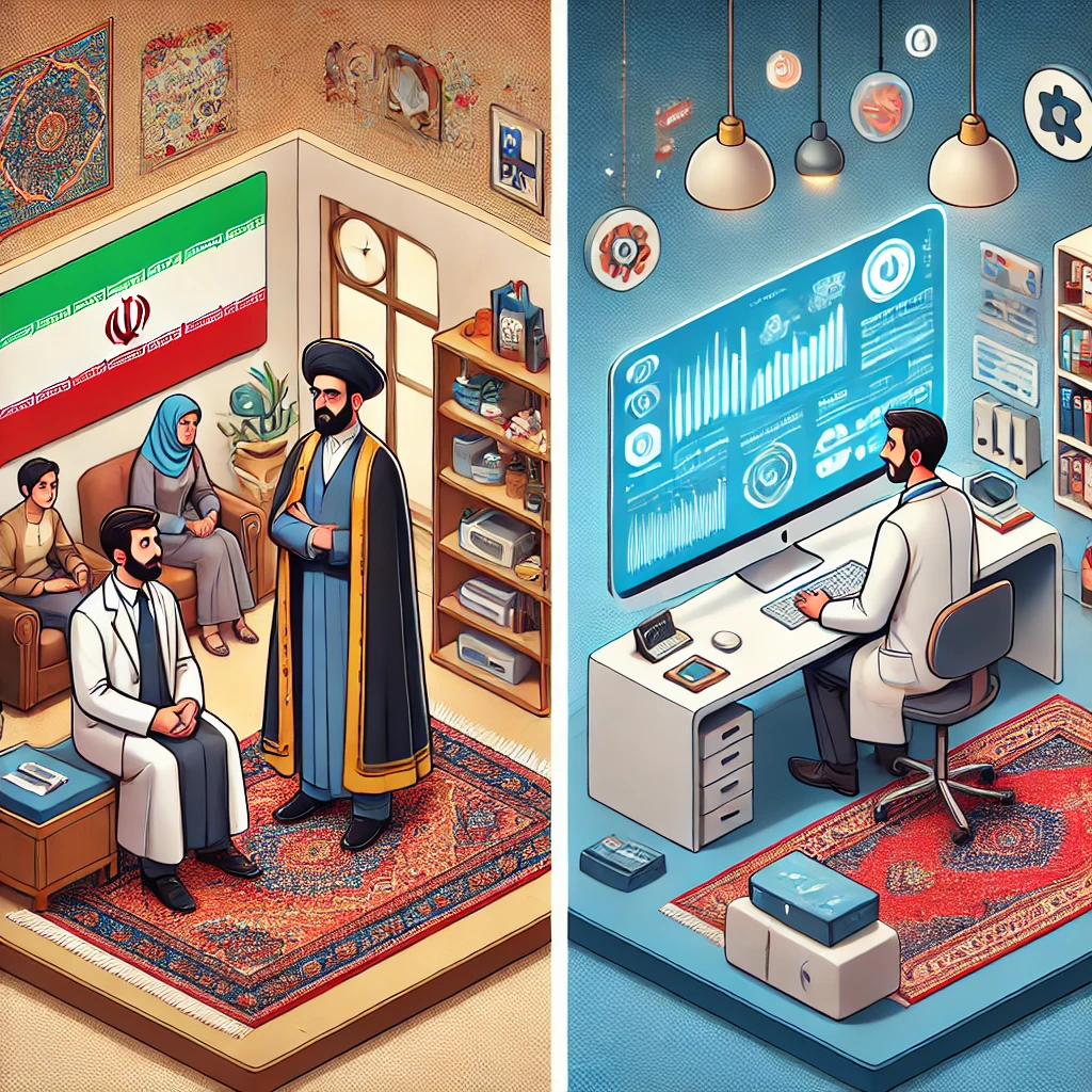 split-screen cartoon illustration comparing traditional doctor analyzing a test result vs AI-