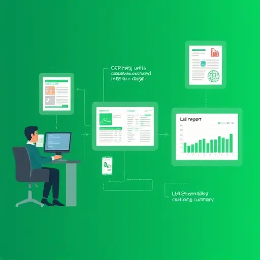 illustration of an AI pipeline analyzing a lab report: OCR scanning a PDF, normalizing units and reference ranges, machine learning detecting patterns, and LLM generating a readable summary;#94d3a2 and #171717, text-free