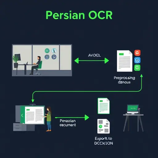(deskew, denoise), AI recognition, exporting to DOCX/CSV/JSON, dark theme, green accent, text-free, professional