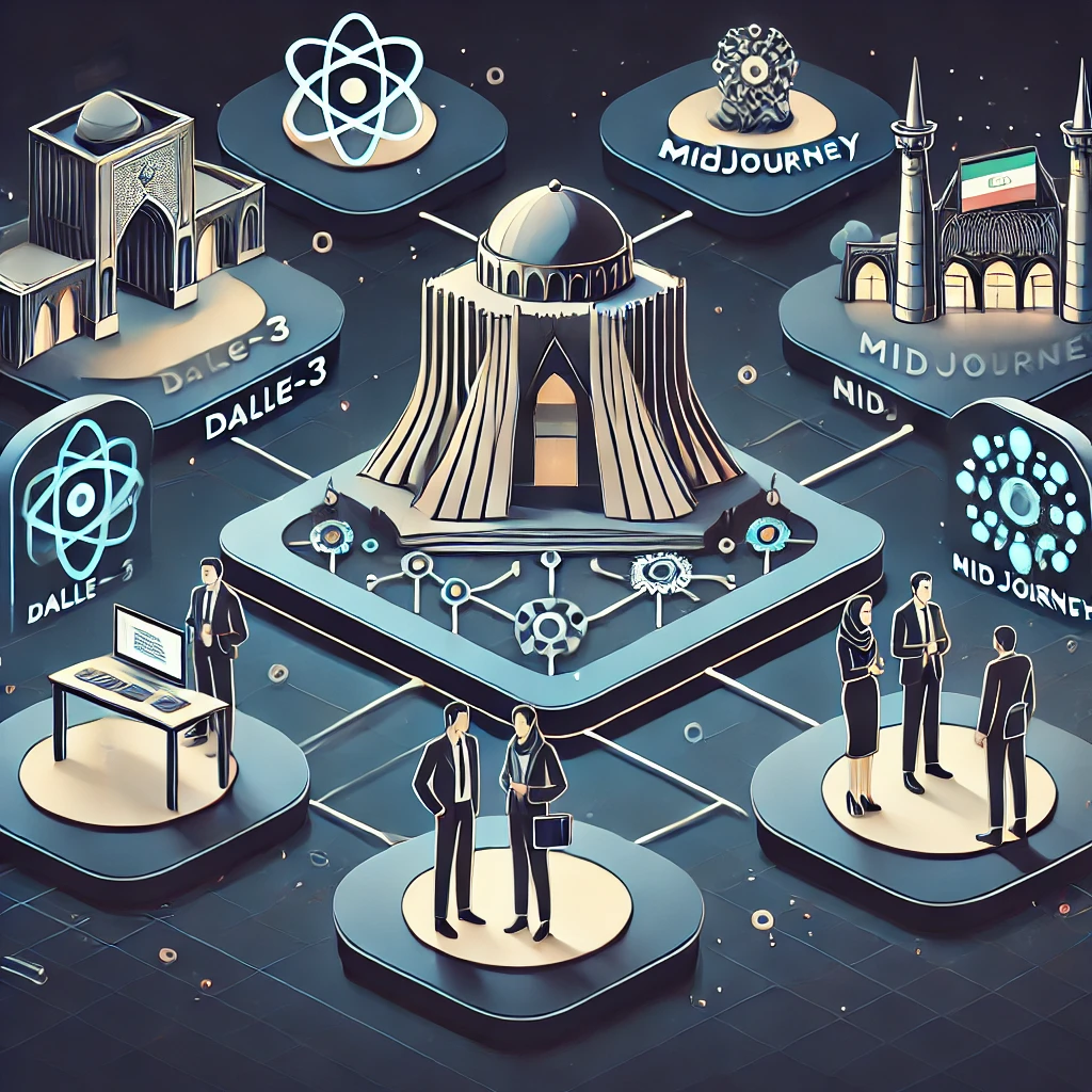 modern infographic illustration showing cartoon icons of DALLE-3, Midjourney, convolutional neural networks, all connected to an Iranian AI hub, dark theme, text-free