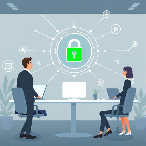 minimalist tech illustration of secure API key management, symbols of data protection and access control, green lock, abstract network, Iranian design motifs, cartoon style, text-free