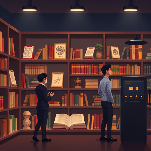 modern AI digital library illustration, shelves filled with animated historical books and scrolls, AI server icon nearby, night-time color scheme, clean, no text