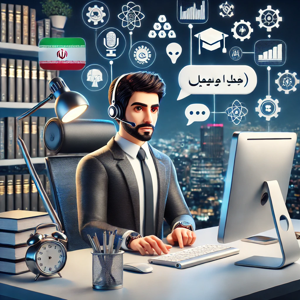 animated illustration showing a person chatting with an AI chat interface, speech bubbles with English words, educational icons, text-free, modern style