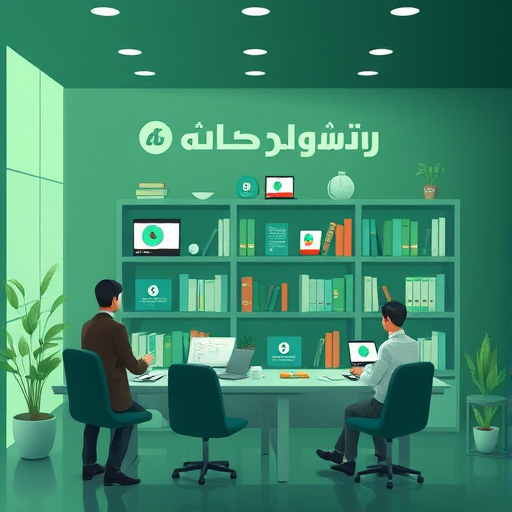 abstract illustration of AI algorithms recommending German language resources, digital bookshelf with videos and books, animated icons, green and dark theme, no text