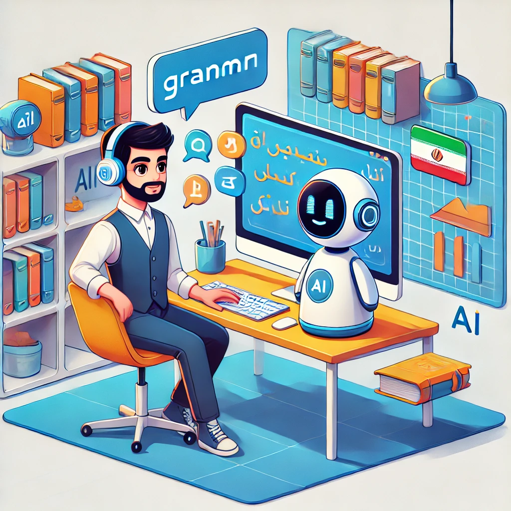 animated illustration showing a student interacting with an AI chatbot on a computer, colorful cartoon style, symbols of grammar (books, letters, arrows)