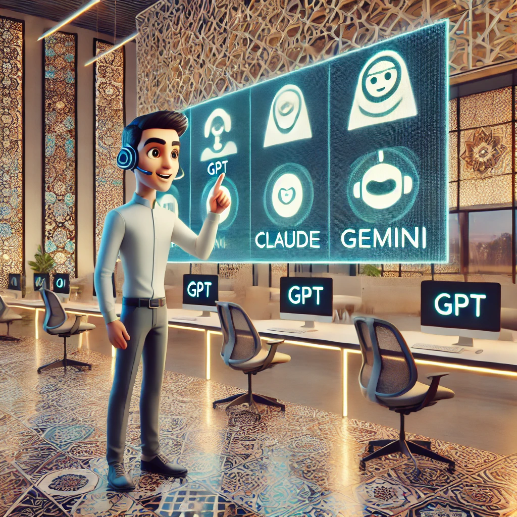 modern illustration of a user selecting between different AI language models on a digital platform, showing model icons (GPT, Claude, Gemini)