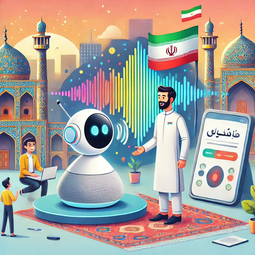 cartoon illustration of AI-powered voice assistant helping a user practice pronunciation, abstract sound waves, lively tech environment, text-free