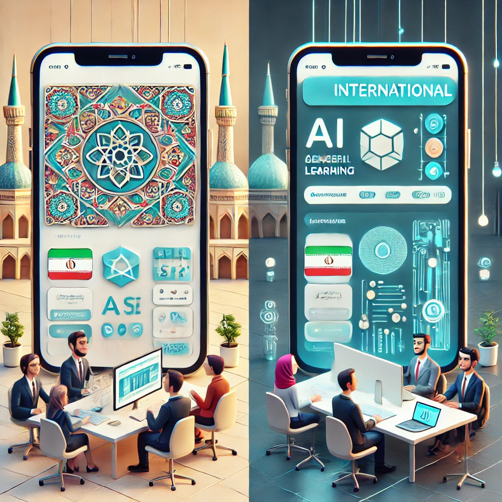 comparison illustration showing two platforms for AI-powered language learning, one highlighting an Iranian user-