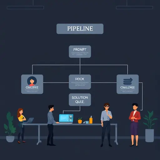 clean animated flowchart showing the pipeline “prompt → persona → hook → challenge → solution → quiz”