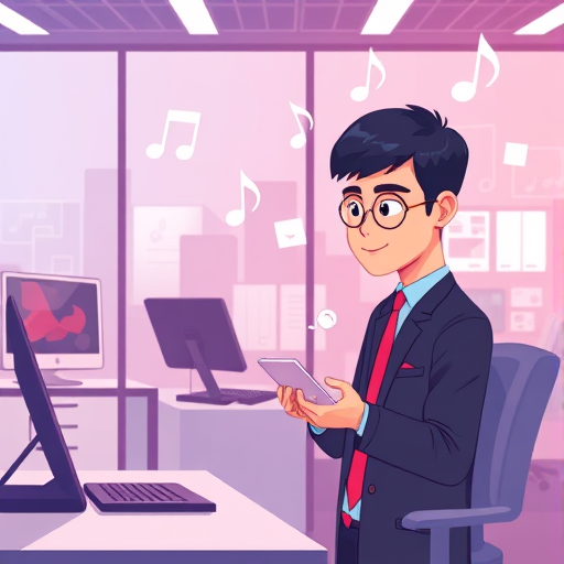 illustration of a student using a futuristic AI chat platform for music learning, digital interface, music symbols, friendly animated style, text-free