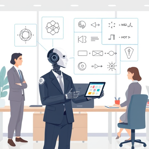 conceptual illustration of AI chatbot breaking down complex physics concepts into simple diagrams, icons of force, electricity, and magnetism, minimal geometric symbols, animation style, no text