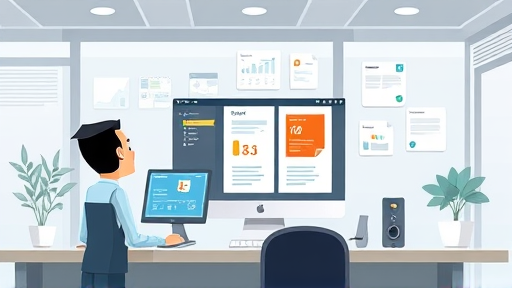 cartoon-style infographic showing AI automating tasks on a Windows desktop, icons for data analysis and document creation, clean tech background, expert look, no text