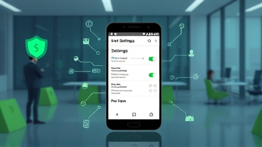animated illustration of smartphone security settings panel, shield icon, green accent, Android interface, abstract AI motifs around the phone, text-free
