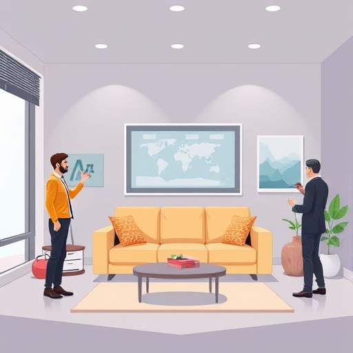 cartoon-style illustration showing AI-powered editing of a living room, animated interface with user changing wall color and adding a sofa, tech-art style, no text