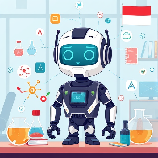 cartoon style illustration of a digital AI chatbot surrounded by science symbols (atoms, books, beakers), showing a step-by-step easy explanation, vibrant colors, no text
