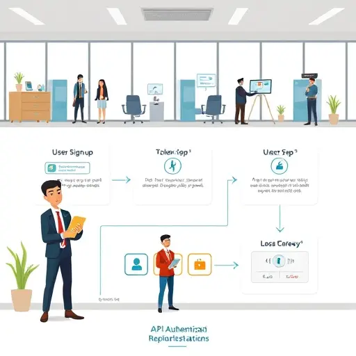 API authentication step-by-step diagram, animated, cartoon style, showing user signup, token retrieval, secure key storage, API request flow, text-