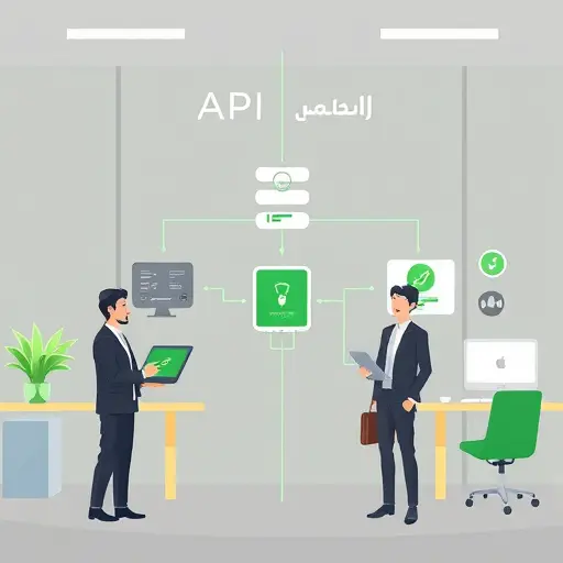 API authentication data flow chart, client to secure server, side-by-side with GapGPT as a secure access bridge, cartoon diagram style, accent green, technology icons, text-free