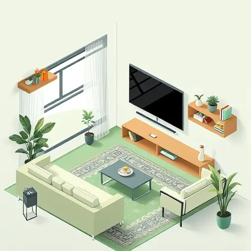 isometric small living room layout, AI-assisted furniture placement, modular sofa, wall-