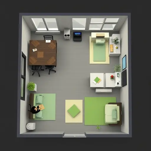 top-down floor plan of a compact apartment, annotated furniture clearances (no text), minimalist dark theme with green accents, AI optimization concept, clean vector illustration