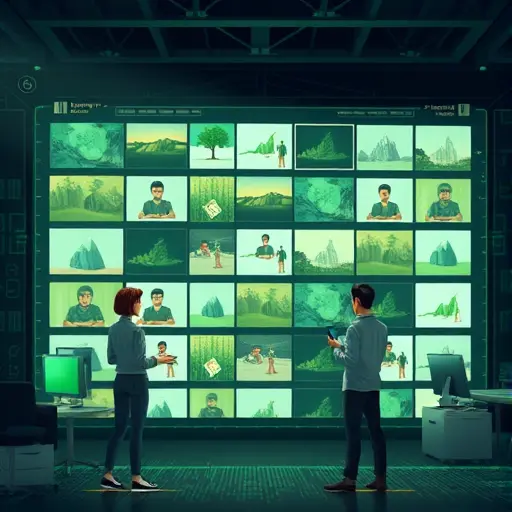 abstract illustration of AI visual analysis: neural network scanning an image grid, icons for classification and captions, cinematic tech style, dark background with green accents, text-free