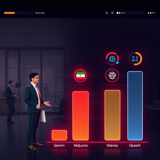 modern AI benchmarking chart with cartoon icons for Gemini, Midjourney, OpenAI, Gemini bar ranking highest, dark background, neon highlights, no text