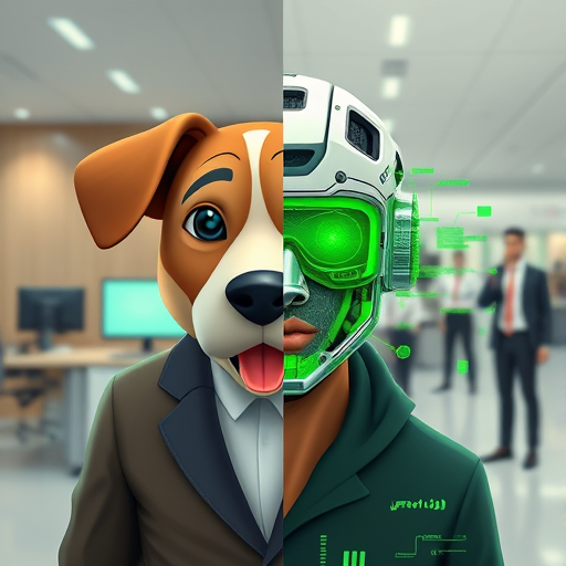 split-screen illustration, one half: blended photo of dog and athlete (realistic, smooth), other half: distorted AI face/artifacts, bright green interface elements, no text